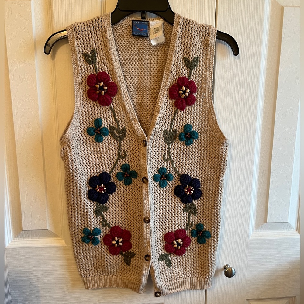 Jantzen Classics Vintage Boho Knit Floral Sweater Vest Women’s Size M EUC